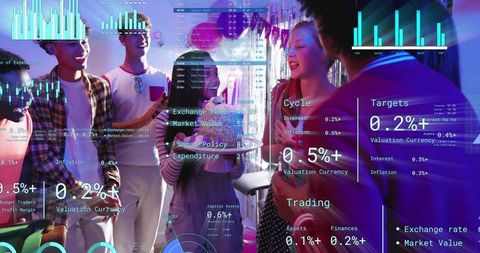 Adults celebrating at neon lounge with futuristic financial data overlay