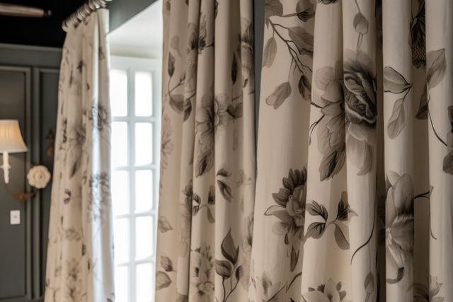Beige curtains with patterns hanging in room with window, created using generative ai technology. Interior design, home decor and fabric concept digitally generated image.