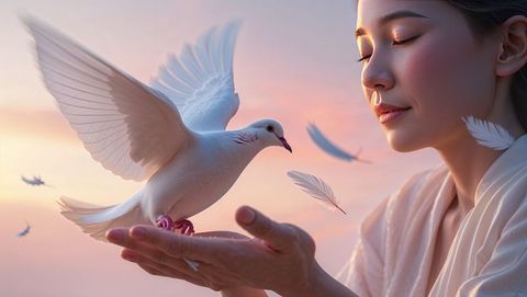Serene woman embracing white dove whisper of spiritual connection, forgiveness concept