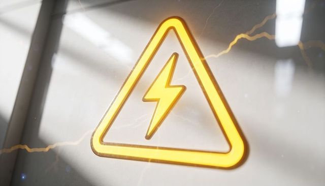 Glowing electric hazard triangle with lightning bolt on glossy panel, sparking neon glow