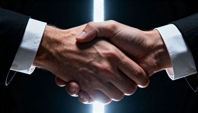 Backlit business handshake shaking hands signifying partnership, trust and agreement
