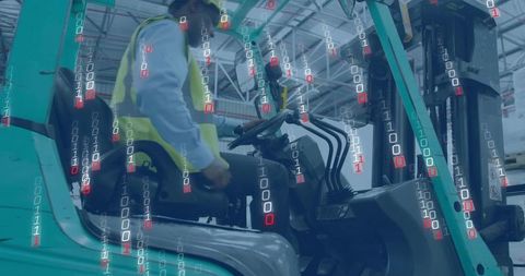 Forklift operator driving in smart warehouse with binary data overlay and safety vest