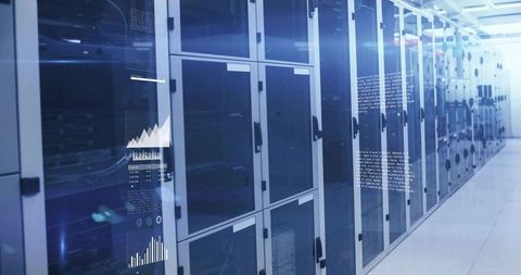 Futuristic Data Center with LED and Holographic Graphs