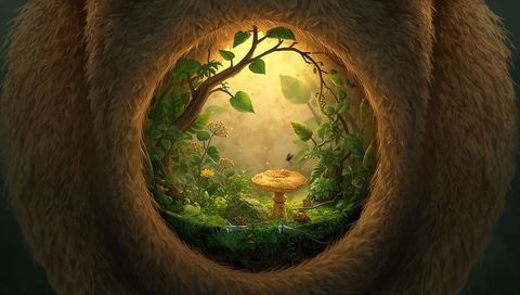 Revealing glowing woodland hollow framed by fur, golden mushroom and bioluminescent moss