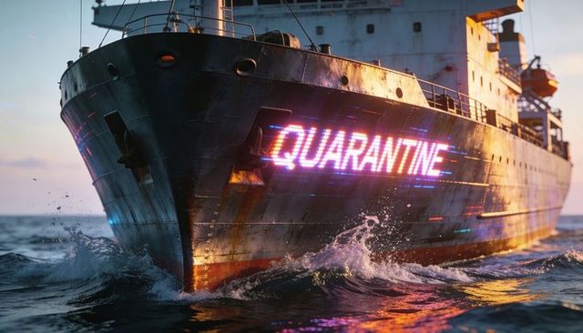 Quarantine neon on rust-streaked ship bow slicing ocean waves at sunset cinematic maritime