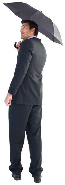 Businessman looking up and smiling while holding black transparent umbrella - Download Free Stock Videos Pikwizard.com