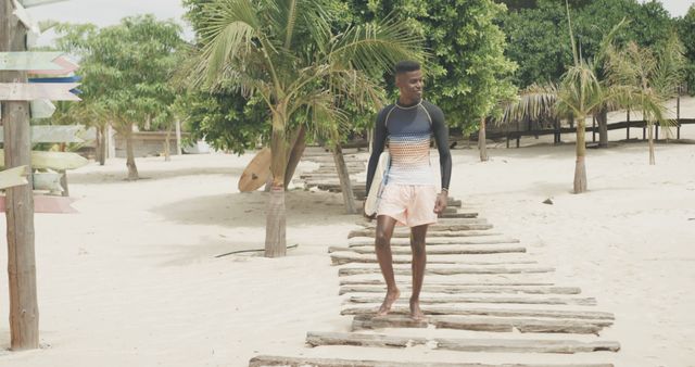 Young Man Walking on Tropical Beach Path Overlooking Palm Trees on Sunny Day - Download Free Stock Images Pikwizard.com