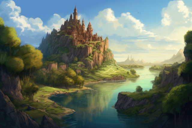 Fantasy castle perched atop a cliff beside a gentle river flowing through lush greenery and rolling hills. Ideal for illustrating fantasy stories, adventure narratives, or magical worlds in books, games, and movies. Suitable for backgrounds in creative projects, inspirational posters, or digital art.
