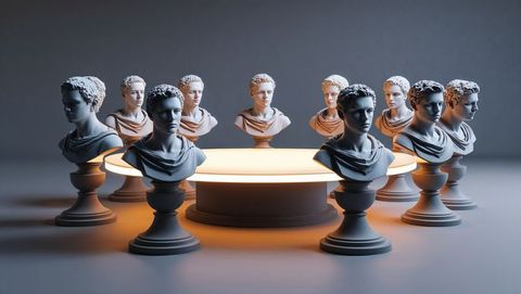 Classical marble busts on illuminated circular table, talking heads theme