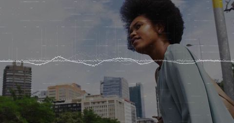 Confident African American Woman Walking in Vibrant Urban Cityscape