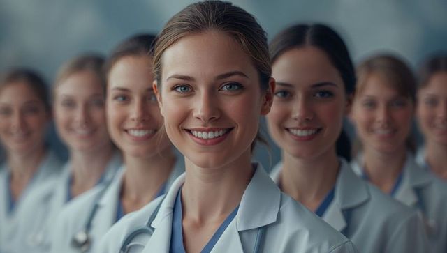 Smiling female doctor leading healthcare team in hospital