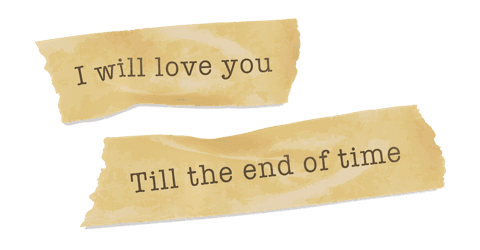 Vintage torn paper with romantic text on transparent background