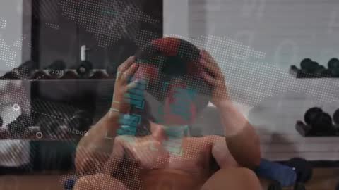 Trainer performing weighted sit-ups with HUD rep tracking overlay in gym workout video