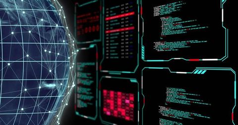 Rotating wireframe globe with glowing network nodes and futuristic HUD coding panels