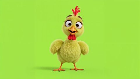 Adorable cartoon chicken on bright green background