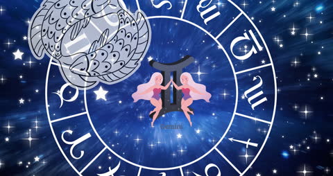 Astrology Zodiac Symbol with Cosmic Background and Gemini Sign