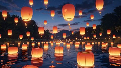 Serene anime lanterns floating over lake at dusk, celebratory tranquility
