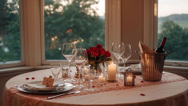 Romantic candlelit dinner table featuring red roses, wine cooler and lace runner at bay window