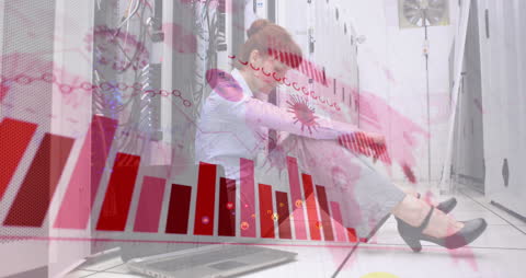 Stressed Worker in Data Center with Overlay of Financial Charts