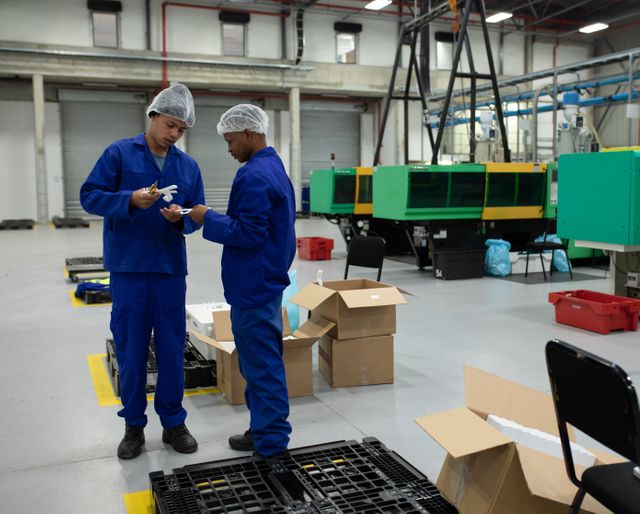 Front view of a focused biracial and an African American male worker working together in a busy factory warehouse wearing hair nets and blue overalls, checking and preparing plastic parts before packing them in cardboard boxes for shipment