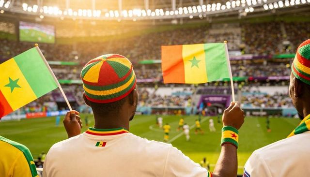 Senegal fans cheering and waving flags in sunlit football stadium