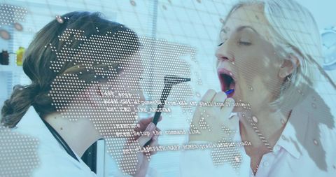 Dentist Treating Senior Woman with Digital Data Overlay