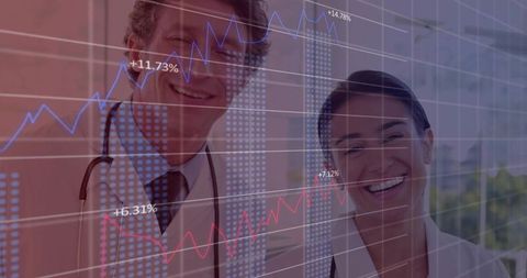 Healthcare Professionals with Financial Graph Overlays Collaborating in Clinic