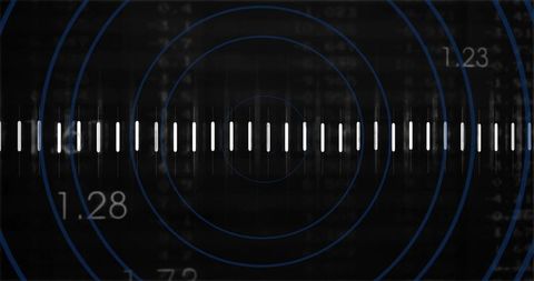 Central digital waveform with concentric blue radar rings and symmetric vertical bars hud