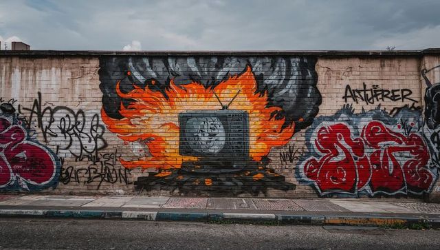 Vibrant Television Mural with Flames on Urban Wall