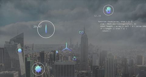 Futuristic Digital Data Projection over Urban Skyline with Skyscrapers