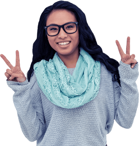 Smiling Asian Woman Making Peace Sign Against Transparent Background - Download Free Stock Videos Pikwizard.com