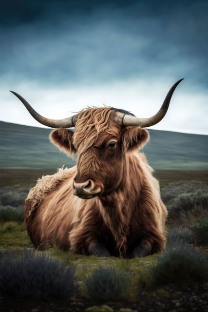 Highland cow with long horns resting on green pasture during cloudy day, symbol of Scotland, ideal for agriculture, wildlife, Scottish culture-themed projects, rural and countryside marketing materials.