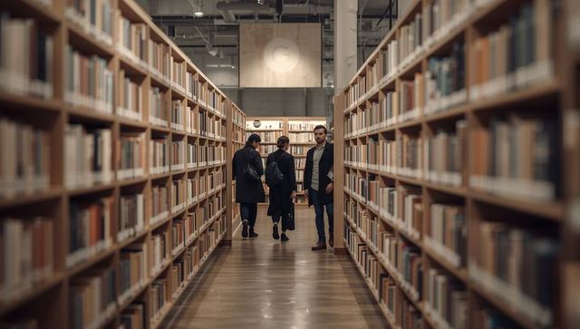 Three students walking library aisle between wooden bookshelves carrying backpacks