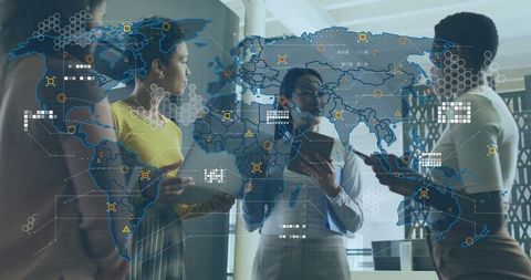Businesswomen engaging with holographic world map in meeting