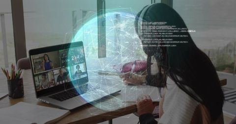 Teenage Girl Studying at Home with Laptop and Holographic Globe During Online Class