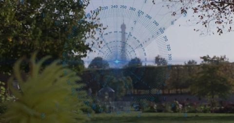 Digital compass overlay in urban park landscape