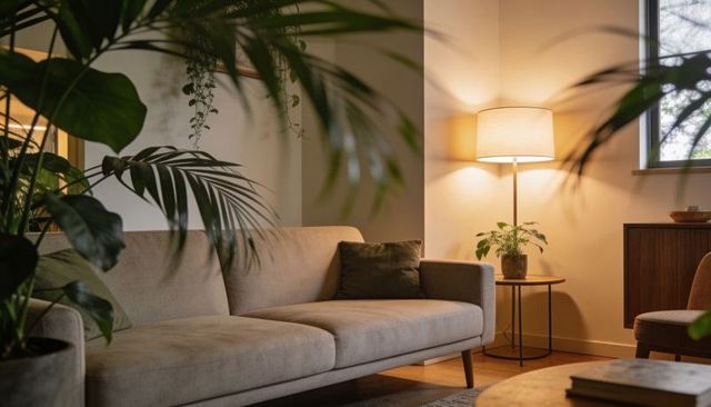 Beige sofa basking in warm lamp glow surrounded by lush houseplants, midcentury interior