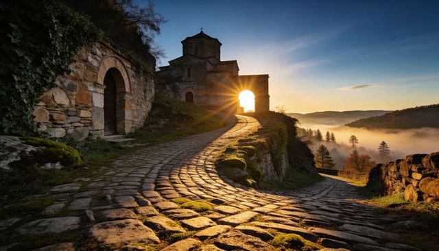 Sunburst Through Ancient Chapel Gateway on Mossy Cobblestone Path Overlooking Misty Valley