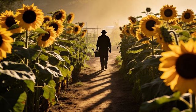 Farmer walking through sunflower rows carrying watering can and trowel at golden hour