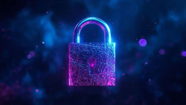 Glowing Metallic Padlock in Futuristic Digital Landscape