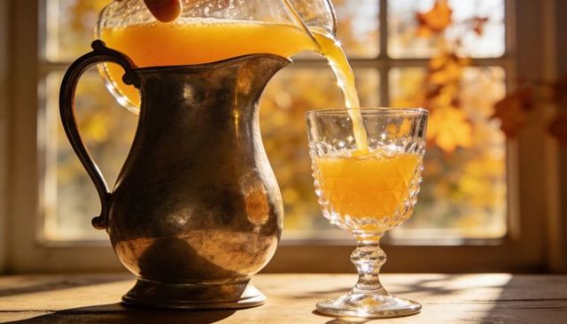 Vintage metal pitcher pouring orange juice into crystal goblet with warm autumn backlight