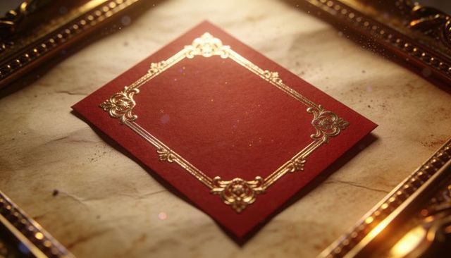 Displaying deep red card with embossed gold foil border on marble slab and gilded frame
