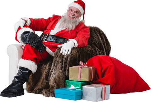 Transparent Santa Relaxing on Couch with Christmas Gifts and Sack