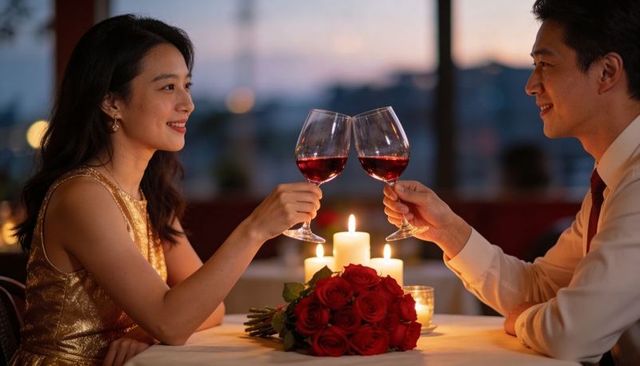 Couple toasting red wine at candlelit rooftop dinner with rose bouquet, romantic evening