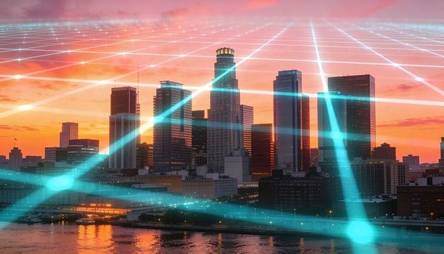 Futuristic neon grid glowing over downtown skyline at sunset with waterfront reflections