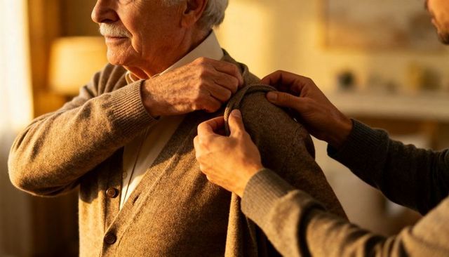 Caregiver helping senior man fasten cardigan in warm home care scene