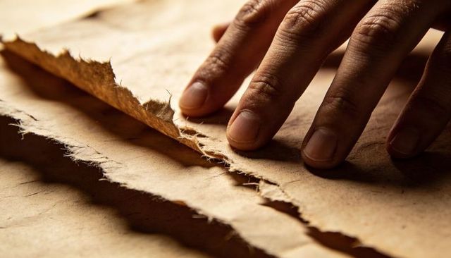 Right Hand Lifting Torn Kraft Paper Revealing Frayed Fibers Closeup Warm Texture Tactile