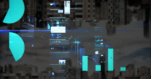 Modified cityscape blended with digital technology and graphical overlays represents the integration of data analytics and statistics in modern urban planning and business sectors. Perfect for use in presentations related to digital transformation, technology-oriented business strategies, and urban studies.