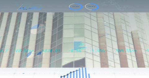 Futuristic financial hud on skyscraper facade with charts