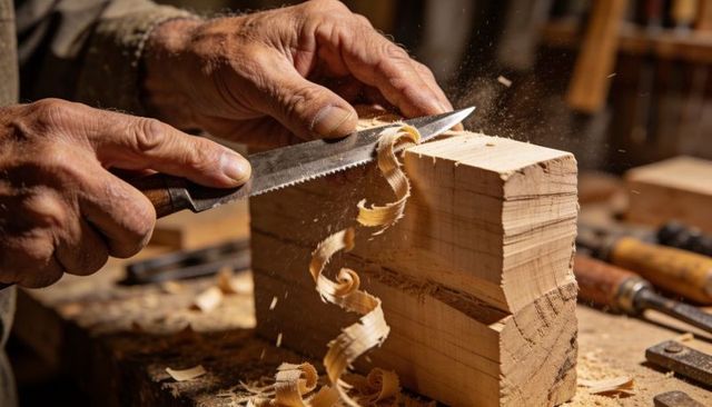 Weathered hands carving hardwood with knife producing curly shavings on workbench